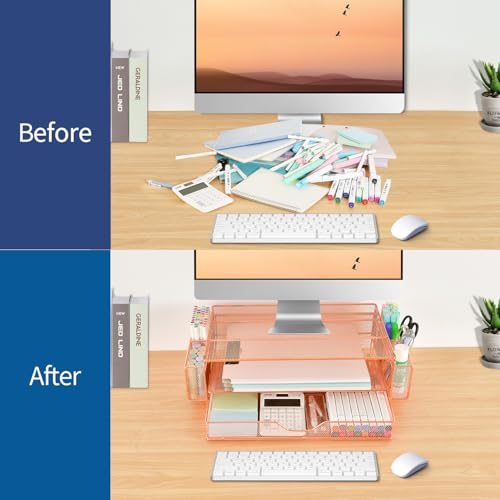 AUPSEN Computer Monitor Stands Riser，2-Tier Desk Organizers and Accessories, Office Desk Accessories Organizer with Drawers and 2 Pen Holder for Office Supplies (Rose Gold) - color: Rose Gold Metal