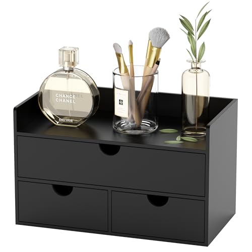 Bamboo Desk Organizer with Drawers Desktop Storage Drawers for Bills Office Supplies Kitchen Utensils Organizing Tool for Home Classroom Organization No Assembly (Black with Shelf) - color: Black with Shelf