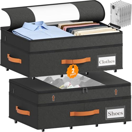2-Pack Under Bed Storage with Wheels and 6 Vacuum Seal Bags, Adjustable Height 7.9"-10.2",Heavy Duty Capacity,Clear Lid Organizer for Dorm Bedroom Clothes Shoes Books,Quick Assembly Space Saver，Black - color: Black, size: 10.2 inches