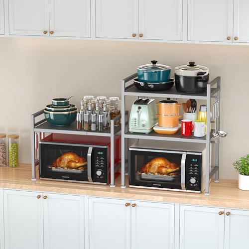 PUSDON 3-Tier Expandable Microwave Oven Rack, Countertop Baker's Rack Style Shelf, Heavy Duty Adjustable Stand with Hooks, 160lbs Capacity Appliance Match, Silver Gray - color: Silver Grey, size: H-frame 3 tier