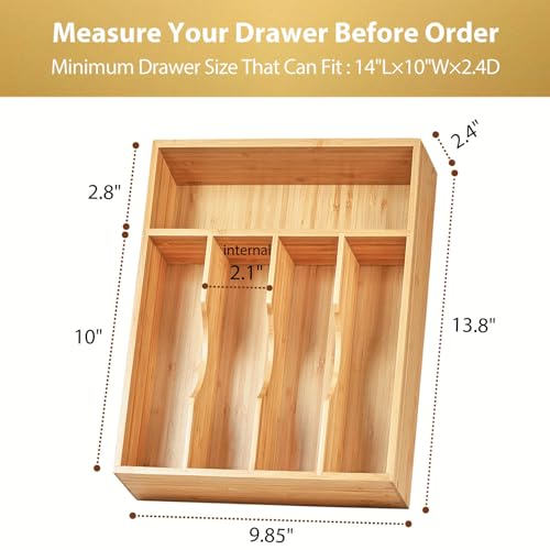Umilife Kitchen Drawer Organizer, 10 Inch Silverware Utensil Tray Holder, Extra Deep, with Non-Slip Feet & Grooved Drawer Divider, 5 Slots Total Bamboo Wood Caddy for Flatware Cutlery Knives - size: 10 x 14 inch (5 Slots)