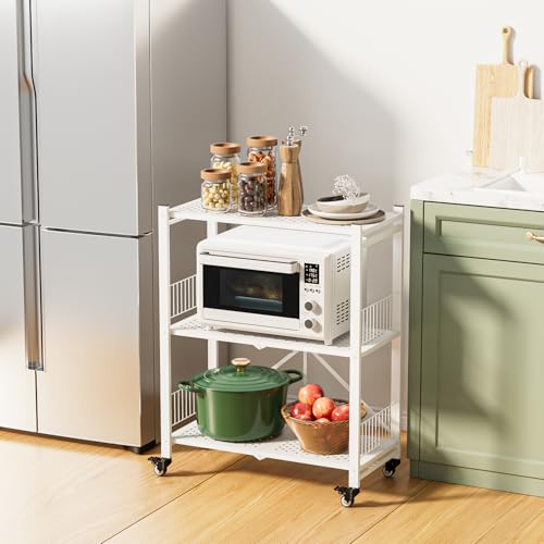Folding Storage Shelves, 3-Tier Metal Foldable Shelf Shelving Rack Organizer On Rolling Wheels in Kitchen Warehouse Patio Pantry Basement Collapsible Shelves No Assembly (White, 3-Layer) - color: White/3-tier
