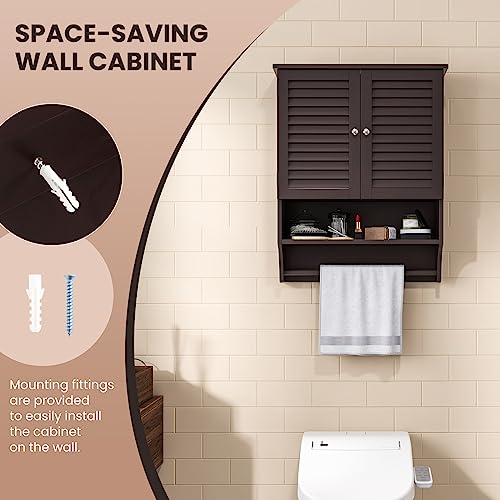 Tangkula Wall Mounted Bathroom Cabinet w/Open Shelf & Bar, Medicine Cabinet w/Double Louvered Doors, Adjustable Shelf, Wall Storage Cabinet for Bathroom Living Room Kitchen (Espresso) - color: Espresso