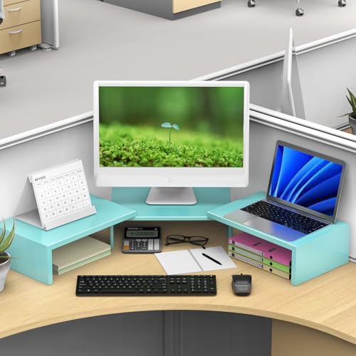 Dual Monitor Stand for Desk, Metal Computer Stand, Desk Shelf Riser,Desktop Organizer for Home and Office Use (Blue) - color: Blue