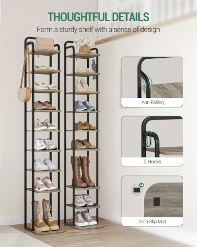 Hzuaneri 10 Tiers Vertical Shoe Rack, Narrow Shoe Tower, Tall Shoes Shelf with 2 Hooks, Adjustable Shelves, Corner Shoes Shelves for Small Spaces, Entryway, Living Room, Greige SR11205B - color: Greige and Black, size: 10 Tier(11.8"D x 10.4"W x 67.3"H)
