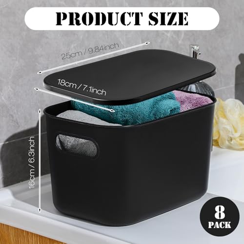 Hoolerry 8 Pieces Colorful Storage Bins with Lid, Plastic Storage Basket Organizing Container Stackable Box with Handle for Shelves Desktop Playroom Office(9.8 x 7.1 x 6.3 Inch,Black) - color: Black, size: 9.8 x 7.1 x 6.3 Inch