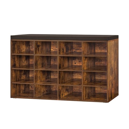 DINZI LVJ Shoe Storage Bench with Cushion, 16-Cubby Shoe Rack, Adjustable Shelves, Multifunctional Shoe Organizer Bench for Entryway, Mudroom, Hallway, Living Room, Bedroom and Garage, Rustic Brown - color: Rustic Brown, size: 16 Cubby