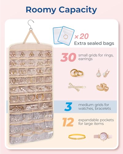 BAGSMART Hanging Jewelry Organizer, Necklace Holder Anti-tangle Earrings Rings Hanger with Pockets Hang on Closet, Wall, Door,1 Piece, Extra Large Beige - color: Beige, size: X-Large - Standard