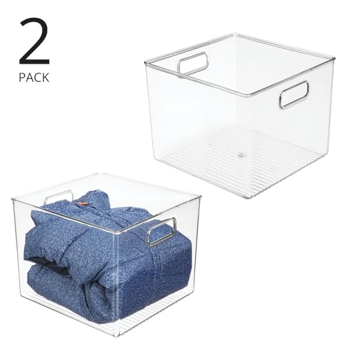 mDesign Small Modern Plastic Storage Organizer Bin Basket with Handles for Home Closet Organization - Shelf, Cubby, Cabinet, and Cupboard Organizing Decor - Ligne Collection - 2 Pack - Clear - size: 10 x 10 x 8 (Pack of 2)