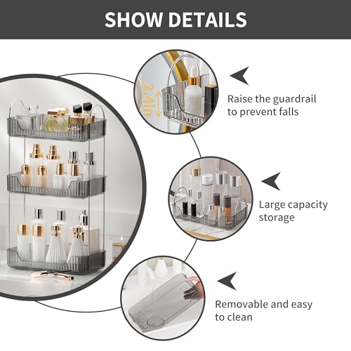 YCIA&DONE Bathroom Organizer Countertop, Makeup Storage, Skincare Cosmetic Tray Shelf, Perfume Holder Rack for Vanity Counter, Large Capacity, Easy to Install, Clean, 3 Tiers, Smoky Gray - color: Smoky Gray, size: 3-Tier