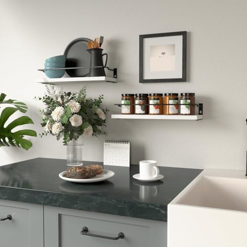 RICHER HOUSE White Bathroom Shelves, Small Floating Wall Mounted Shelf for Bathroom Decor, Guard-Rail Wood Shelving Organizer Over Toilet Kitchen Storage Shelves Set of 2 - White - color: White