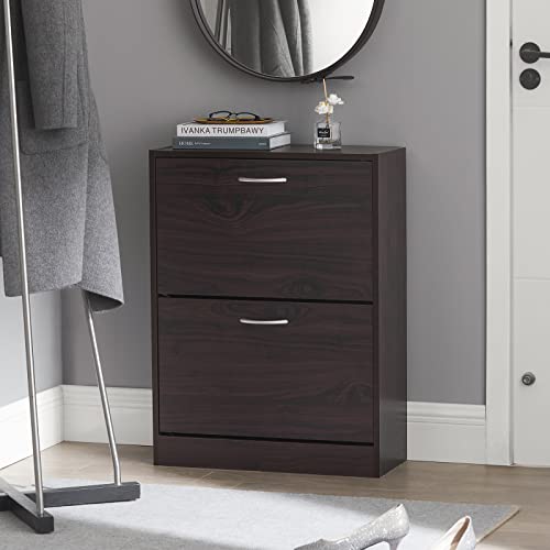 Haotian Narrow Shoe Cabinet for Entryway, Slim Freestanding Shoe Rack with 2 Flip-Drawers, Hidden Storage Shoe Organiazer Entrance Hallyway Mudroom, Brown, FSR110-K-BR (9.4" D x 23.6" W x 31.5" H) - color: Brown, size: 2-Drawers