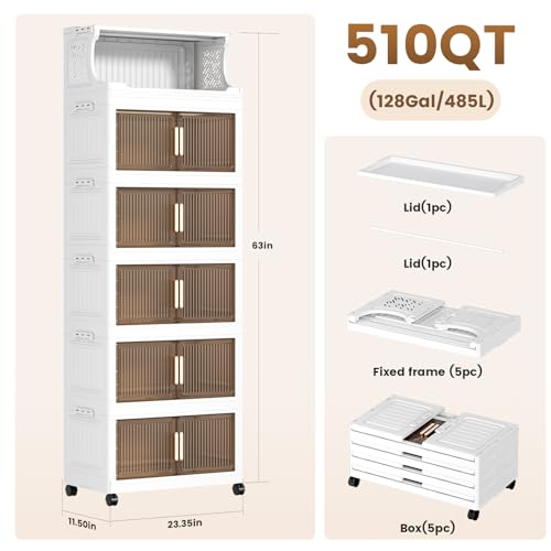 6 Tier Plastic Storage Bins with Top Open Shelf, Folding Storage Box with Doors and Wheels, Stackable Closet Organizers for Living Room, Office, Dorm