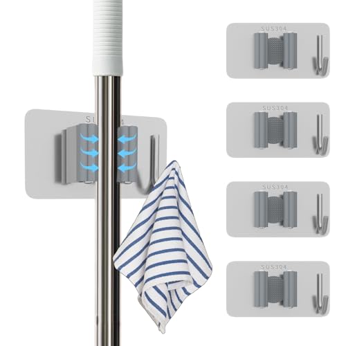 Stainless Steel Mop Holder Wall Mount – 4 Pack Heavy-Duty Broom Organizer with Strong Grip, Adhesive or Nail-Free Glue Installation for Bathroom, Kitchen, Garage - color: SILVER-4PCS