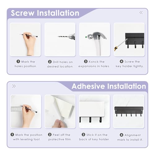 VIS'V Key Holder Wall Mount, Compact Adhesive Key Rack with Tray, 6 Hooks, 2 Mount Options, Black - color: Black