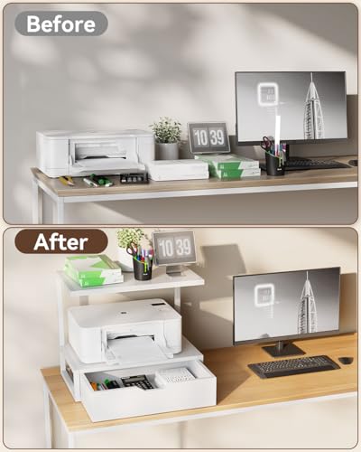 IBUYKE 2 Tier Desktop Printer Stand,Printer Table with Storage Shelf,Multi-Purpose Desk Organizer for Folders,Books,for Fax Machine, Scanner,Home Office,White TLJ015W - color: White