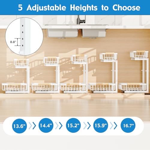 2Pcs Under Sink Organizer, Adjustable Under Sink Organizers and Storage, 2-Tier Pull Out Under Kitchen Sink Organizer, Sliding Out Metal Under Bathroom Sink Organizer for Kitchen Pantry White - color: White