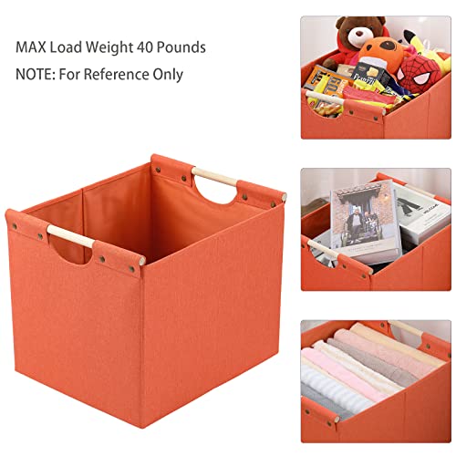 HOONEX Large Collapsible Storage Bins, Linen Fabric, Pack of 2, Storage Baskets with Wooden Carry Handles and Sturdy Heavy Cardboard, for Home, Office, Car, Nursery, Orange - color: Orange