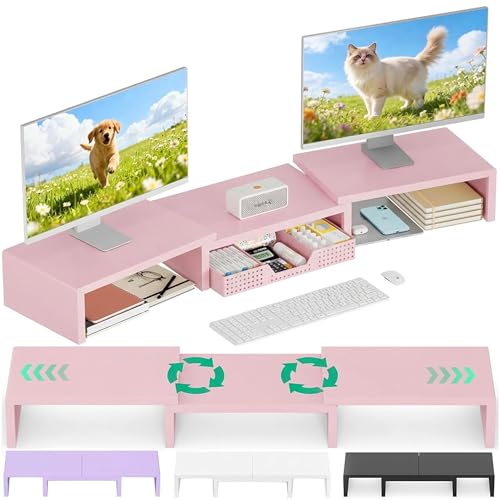 OPNICE Desk Organizers and Accessories, Dual Computer Monitor Stand Riser with Drawer, Office Decor for Women, Office Desk Accessories & Workspace Organizers, Pink - color: Pink