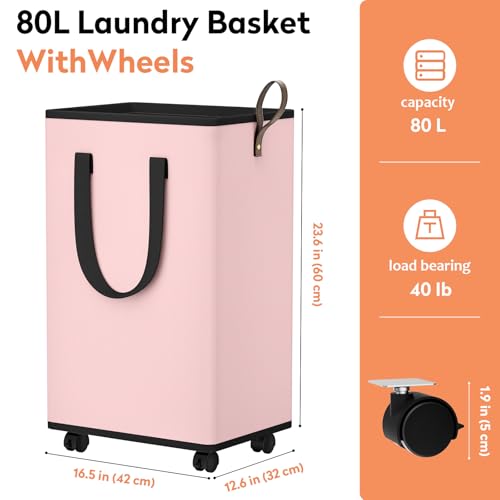 SpaceTrove Laundry Basket with Wheels, Collapsible Laundry Baskets, Laundry Hamper with Handles Detachable Wheels, Rolling Laundry Basket, Dirty Clothes Hamper for Bathroom, Dorm, Bedroom, Pink, 80L - color: Pink, size: 80L