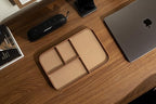MUUJEE Leather Catchall Multitray (Design 1) - 11.65 x 7.75 x 0.8, Everyday Watch and Wallet Caddy Organizer with 4 Compartments, Accessory Glasses Phone Valet Dump Tray for Bedside Nightstand, Tan - color: Tan