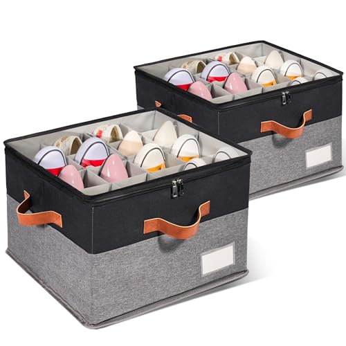 2 Pack Shoe Organizer for Closet, Adjustable Shoe Box Storage Containers, Large Foldable Shoe Bins with Clear Cover, Space Saving Shoes Holder with 4 Handles, Fits 16-32 Pairs, Black - color: Black and Grey, size: (2 Pack) 17"L x 17"W x 12 ½"H