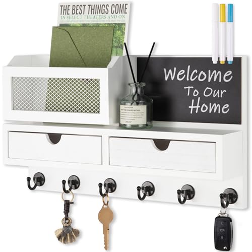Key Holder for Wall, Key and Mail Holder for Wall with Storage Drawer, Entryway Rustic Home Decor, 3 Liquid Chalks & Chalkboard, 15.98”W x 9.1”H x 3.3”D, White - color: White