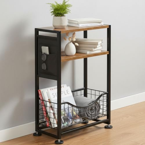 Skinny Side Table with Storage, 3 Tier Slim Side Tables for Small Spaces, Skinny End Table Narrow Bedside Table Narrow Side Table for Living Room, Bedroom - color: Rustic Brown