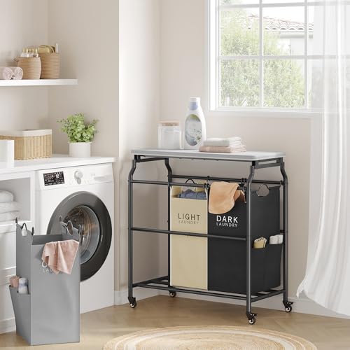 Hoctieon 3 Section Laundry Sorter Cart with Ironing Board, Laundry Hamper Basket with Shelf and Wheels, Heavy Duty Clothes Organizer, Large Clothes Separator with Removable Bags, Black+Gray+Beige - color: Black+gray+beige