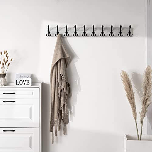 SKOLOO Coat Rack Wall Mounted - 38.3'' Long, Wooden, Heavy Duty, Rustic Coat Hooks for Wall, Wall Coat Rack with 10 Triple Hooks for Hanging Clothes, Jacket, Hat(Weathered White) - color: White Plate & Black Hook, size: 1 Item-10 Hooks