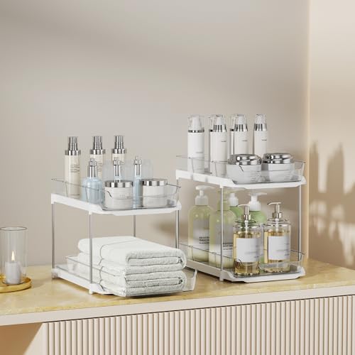 Delamu 4 Pack 2-Tier Bathroom Under Sink Organizers and Storage, Multi-Purpose Stackable Pantry Organization and Storage, Pull Out Clear Kitchen Bathroom Cabinet Organizer with Movable Dividers, White - color: White, size: 4 Pack 2-Tier