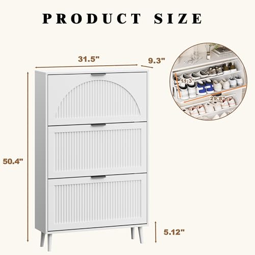 Shoe Storage Cabinet with 3 Flip Drawers, Narrow Wood Shoe Organizer Cabinet with Fluted Panel, Slim Shoe Rack for Entryway, Freestanding Shoe Cabinet for Living Room, Hallway, White - color: White, size: 3-Drawers