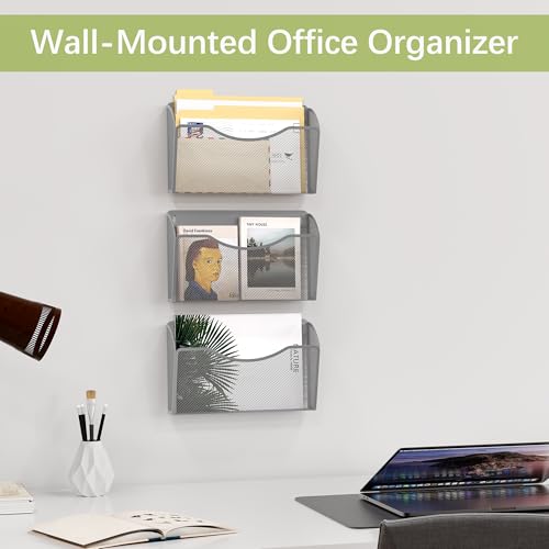 EasyPAG 3 Pack Wall File Organizer, Metal Mesh Hanging File Folder Holder for Letter/A4 Size Folders, Vertical Wall Mount Mail Sorter for Office Paperwork, Classroom, Silver - color: Silver