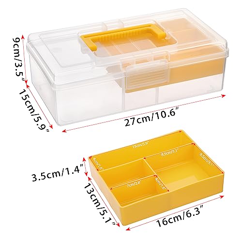 JUXYES Plastic Carry Storage Box with Removable Dividers, Clear Art Craft Supply Storage Bin Sewing Box With Handle Lid, 2 Layers Stationery Storage Case for School/Office Supplies - color: Yellow