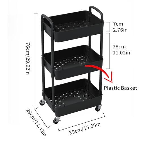 Sywhitta 3-Tier Plastic Rolling Utility Cart with Handle, Multi-Functional Storage Trolley for Office, Living Room, Kitchen, Movable Storage Organizer with Wheels, Black - color: Black, size: 3-tier