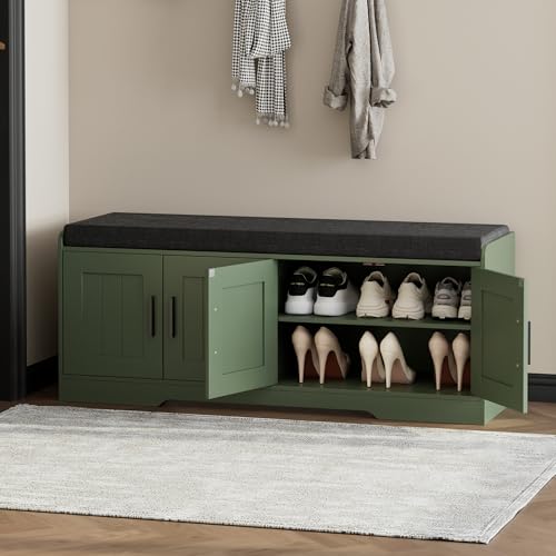 Homleke 2-Tier Storage Bench, Shoe Bench with Thickened Padded Seat Cushion, Entryway Bench with 4 Doors, Adjustable Shelf, 13.8" D x 45.3" W x 18.5" H, for Entryway, Living Room, Bedroom, Green - color: Green, size: 45.3"