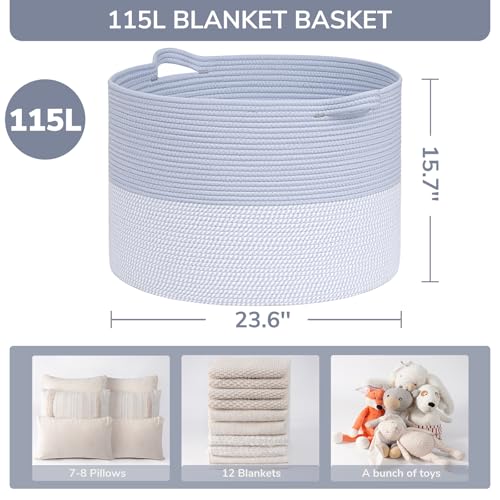 INDRESSME 115L Extra Large Rope Basket, Organizing Storage for Nursery Living Room Home Décor., Decorative Woven Laundry Basket, Towel, Gift Baskets, Blue - color: Blue & White, size: 23.6"D x 15.7"H