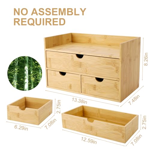 Charmewooden Bamboo Desk Organizer With Drawers Countertop Drawers Counter Storage Box Corner Desk Organizer for Home Office No Assembly Required (3 Drawers with shelf) - style: 3 Drawers with shelf