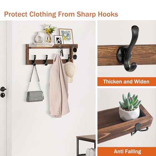 dreampossible Coat Rack Wall Mount with Shelf, Coat Hanger Wall Mount with Key Hooks and Mail Holder, Wood Entryway Floating Shelf with Hooks and Storage, Hat Rack for Wall Key Holder Mail Organizer - color: Brown, size: 16.6 Inch Long