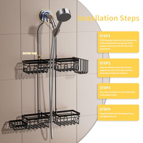 DAOYA Shower Caddy Hanging - Shower Caddy for Handheld Shower Heads with Soap holder, Toothbrush Holder & Suction Hook, Universal 0.82-inch Fit with Non-Slip Rubber Pad, Black - color: Black