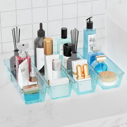 WOWBOX 6 Pack Clear Drawer Organizer Set, Acrylic Drawer Storage Trays, Storage Bins for Makeup, Cosmetics, Jewelries, Utensils, Gadgets, Office, Sea Blue - color: Sea Blue, size: 6 PCS