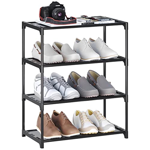 4-Tier Small Shoe Rack .Stackable Shoe Shelf Storage Organizer for Entryway Hallway Closet Bathroom Living Room (Black) - color: Black