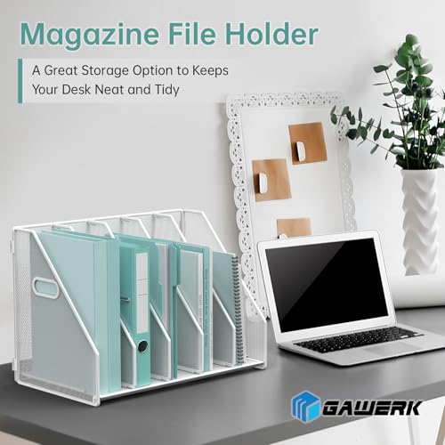 MINDEPOT Desk File Organizer Metal Desk Magazine Folder Holder with 5 Vertical Compartments Rack File Organizer for Office, Home, School (White) - color: White