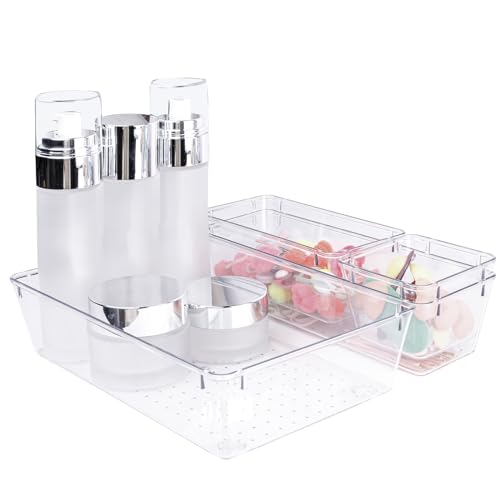 4 PCS Clear Plastic Drawer Organizer, Desk Drawer Divider Organizers and Storage Bins for Makeup, Jewelry, Gadgets for Kitchen, Bedroom, Bathroom, Office (9.0"x3.0"x2.2")