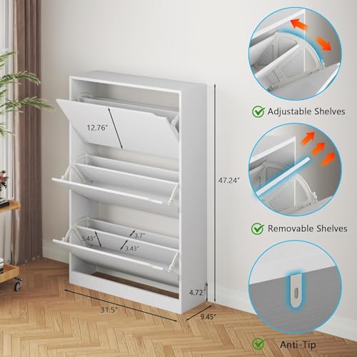 BORNOON Shoe Cabinet with 3 Flip Drawers, Hidden Wood Shoe Cabinet,Freestanding Shoe Storage Cabinet for Entryway Hallway.White. 47.2" H*31.5" W*9.45" D. - color: White, size: 3 Drawers
