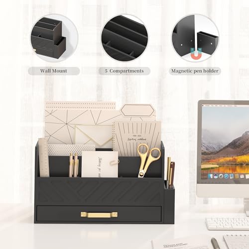 WISUCART Bamboo Desk Organizer Mail Holder Countertop Wood Desk Drawer Tabletop Storage Box Pen Holder Letter Sorter Makeup Organizer for School Home Office Supplies with Pen Holder Black - color: Black with Pen Holder