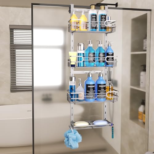 Consumest Over The Door Shower Caddy - 4 Tier Adjustable Hanging Shower Organizer Shelf with 2 Soap Holders & 22 Hooks, Rustproof Easy Installation Hanging Storage Rack for Bathroom, Silver - color: Silver, size: 4-tier