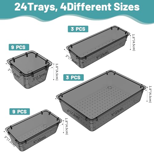 WOWBOX 24 PCS Clear Plastic Drawer Organizer Set, 4 Sizes Desk Drawer Organization and Storage Containers for Makeup, Cosmetics, Jewelry and Gadgets in Kitchen, Bathroom, Bedroom, Office, Clear Black - color: Black, size: 24 PCS