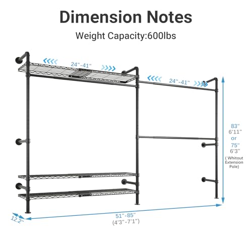 Timate F2 Pro Expandable Wall Mounted Clothes Rack Industrial Pipe Clothing Rack for Hanging Clothes, Heavy Duty Clothes Rack with Shelves, Garment Rack Wall Closet System, Black Pipe Closet Kit - color: Black, style: Timate F2 Pro