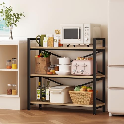 Homeiju 3 Tier Bookshelf 31.49" Width, Wood and Metal Etagere Bookcase, Vintage Farmhouse Modern Wooden Big Book Shelf for Home Living Room Bedroom Office Storage(Light Coffee) - color: Light Coffee, size: 3 Tier - 31.5" W